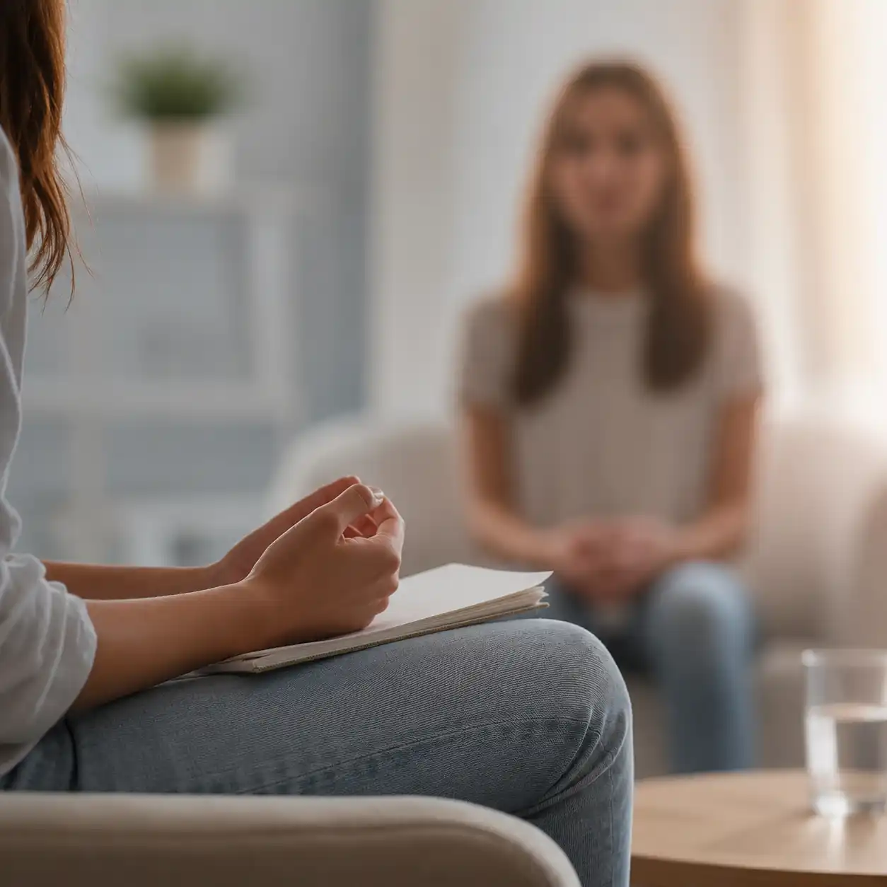 Sesión de psicología en Clínica Creer es Crear, Móstoles: profesional acompañando a una paciente