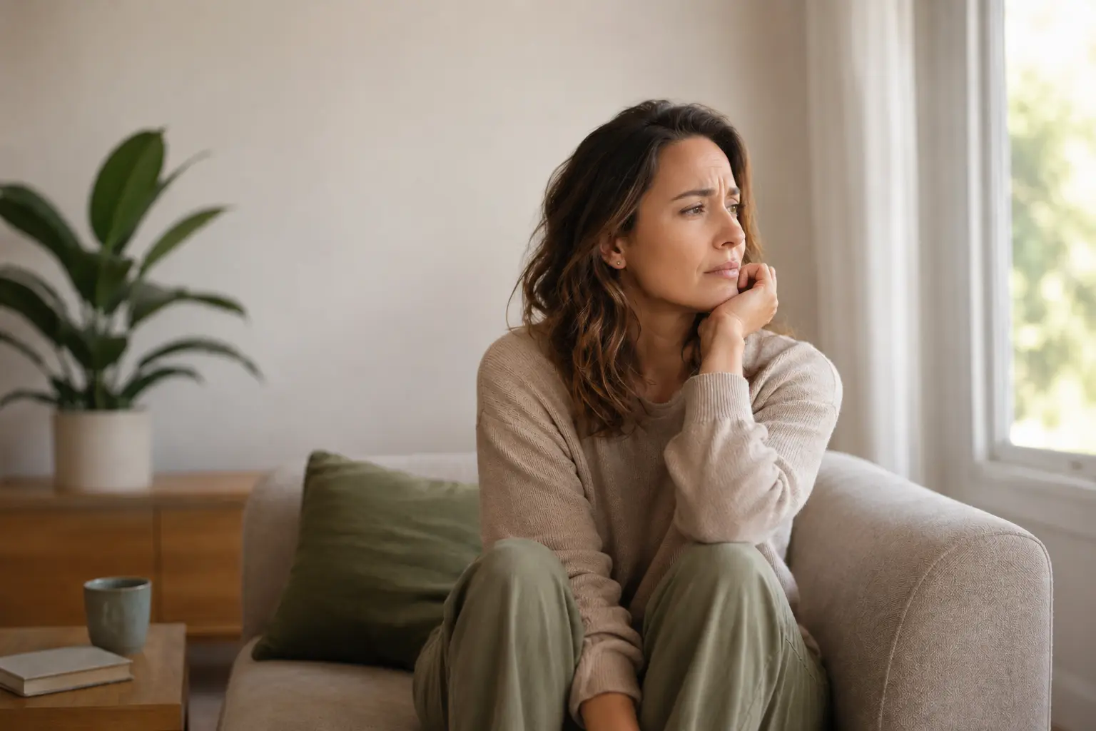 Mujer sentada en un sofá con gesto preocupado mirando por la ventana